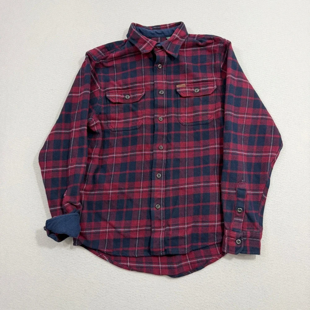 Orvis Shirt Medium Red Blue Plaid Flannel Fleece Lined Long Sleeve Button Up